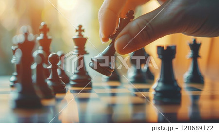 A blurred hand carefully moving a pawn into position on the board A blurred hand carefully moving a pawn into position on the board 120689172
