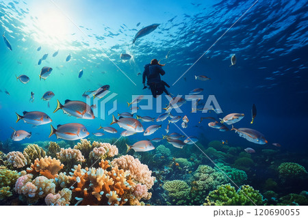 サンゴ礁の魚たちとダイバーのイラスト 120690055