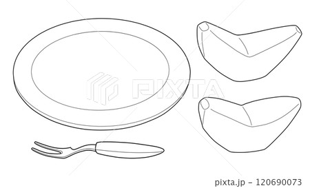 お皿とカットしたリンゴ又は梨と姫フォークの線画イラスト素材 120690073