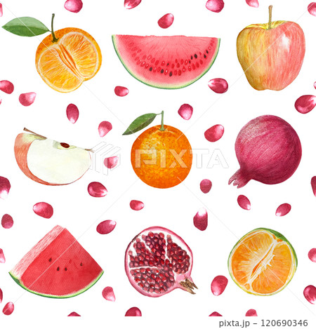 Apple, orange, watermelon and pomegranate seeds watercolor seamless pattern set isolated on white. Hand-painted art perfect for kitchen designs, prints, packages, wrapping paper, harvest theme decor 120690346