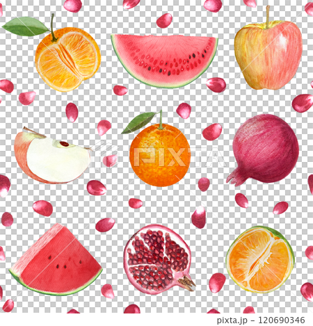 Apple, orange, watermelon and pomegranate seeds watercolor seamless pattern set isolated on white. Hand-painted art perfect for kitchen designs, prints, packages, wrapping paper, harvest theme decor 120690346