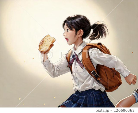 食パンを食べながら走る女子高生 120690365