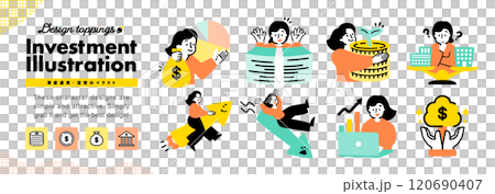 Illustrated icons of women in their 20s related to investment, asset management, stock prices, etc. Illustrated icons of women in their 20s related to investment, asset management, stock prices, etc. 120690407