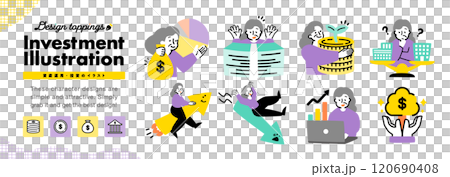 Illustrated icons of senior women related to investment, asset management, stock prices, etc. Illustrated icons of senior women related to investment, asset management, stock prices, etc. 120690408