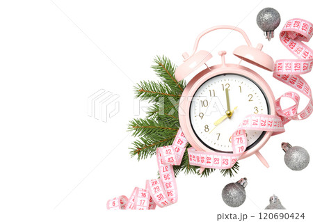 PNG, Sport new year, pink clock with centimeter tape, isolated on white background. 120690424