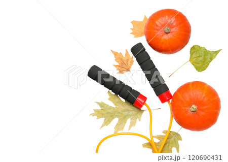 PNG, Autumn sport, skipping rope with leaves, isolated on white background. 120690431