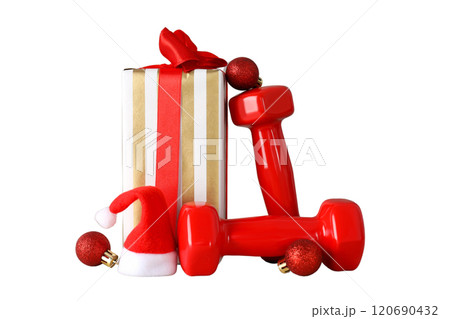 PNG, Sport, new year, red dumbbells isolated on white background. 120690432