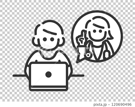 Illustration of a line drawing of a man seen from the front receiving online medical treatment on a laptop 120690496