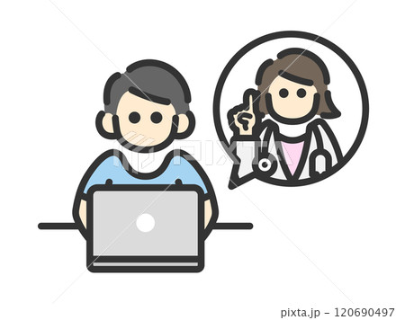ノートパソコンで、オンライン診療を受ける、正面から見た男性のアイコン(線画カラー)のイラスト ノートパソコンで、オンライン診療を受ける、正面から見た男性のアイコン(線画カラー)のイラスト 120690497