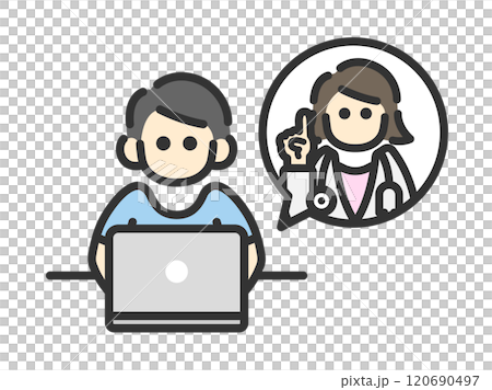 ノートパソコンで、オンライン診療を受ける、正面から見た男性のアイコン(線画カラー)のイラスト ノートパソコンで、オンライン診療を受ける、正面から見た男性のアイコン(線画カラー)のイラスト 120690497