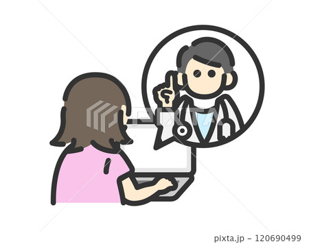 ノートパソコンで、オンライン診療を受ける、後ろ姿の女性のアイコン(線画カラー)のイラスト ノートパソコンで、オンライン診療を受ける、後ろ姿の女性のアイコン(線画カラー)のイラスト 120690499