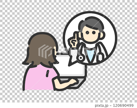 ノートパソコンで、オンライン診療を受ける、後ろ姿の女性のアイコン(線画カラー)のイラスト ノートパソコンで、オンライン診療を受ける、後ろ姿の女性のアイコン(線画カラー)のイラスト 120690499