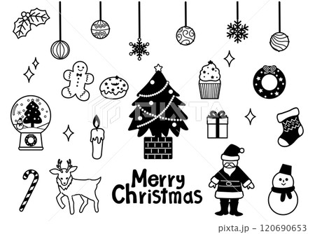 かわいいクリスマスのアイテムのモノクロ線画のセット 120690653