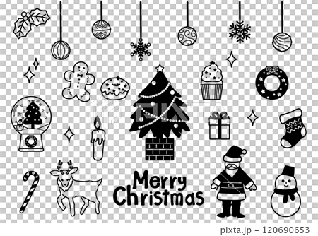 Set of monochrome line drawings of cute Christmas items Set of monochrome line drawings of cute Christmas items 120690653