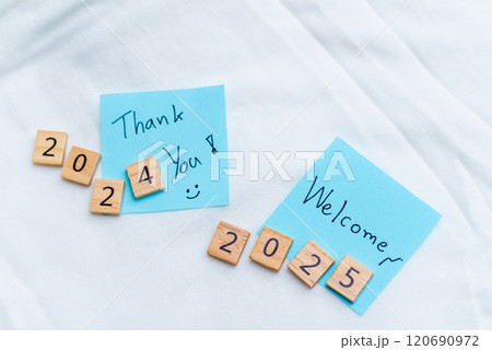 Business reflections thank you 2024 and welcome 2025 motivational message inspirational workspace positive environment creative viewpoint 120690972