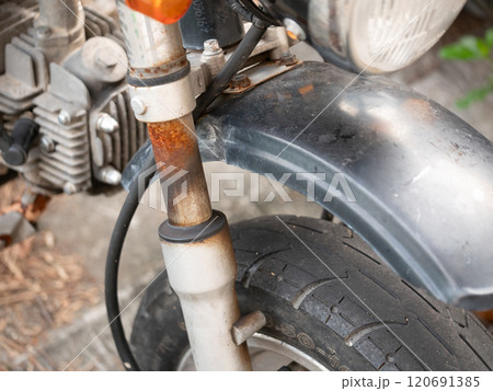 Motorcycle maintenance tips garage repair guide industrial setting close-up focus rust prevention techniques 120691385