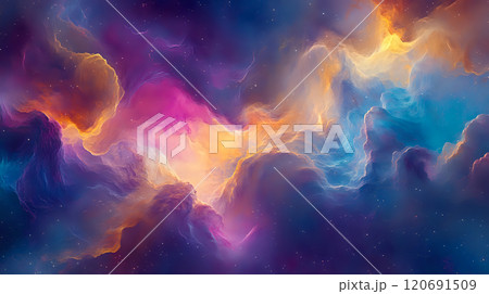 Intricate Cosmic Tapestry Displaying Swirling Colors and Radiant Nebulas in Space 120691509