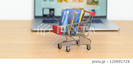 Shopping cart with Credit Cart and laptop computer with marketplace website. Online Shopping, technology, ecommerce, SEO, Search Engine Optimization, Advertising, keyword and online payment concept Shopping cart with Credit Cart and laptop computer with marketplace website. Online Shopping, technology, ecommerce, SEO, Search Engine Optimization, Advertising, keyword and online payment concept 120691728