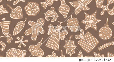Christmas gingerbread cookies vector seamless pattern. Traditional holiday sweets for kids. Background for wrapping paper, card, banner. 120691732