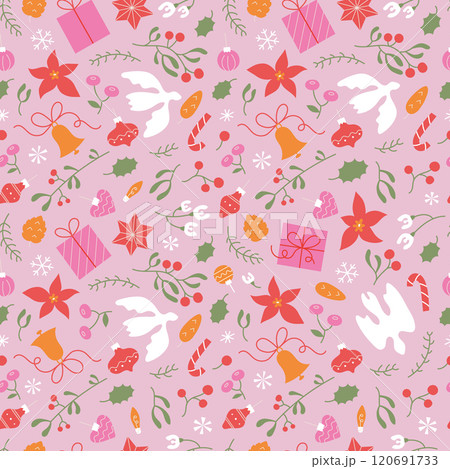 Christmas seamless pattern of different hanging bell, ball, toy. Cute kawaii pink background about peace. 120691733