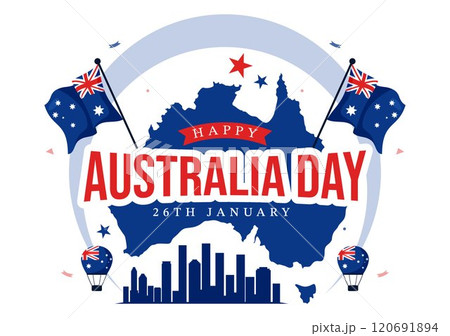 Happy Australia Day Vector Illustration Celebrating 26 January, Featuring a Map and a Waving Australian Flag in a Background for a National Holiday Happy Australia Day Vector Illustration Celebrating 26 January, Featuring a Map and a Waving Australian Flag in a Background for a National Holiday 120691894