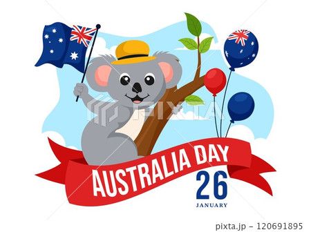 Happy Australia Day Vector Illustration Celebrating 26 January, Featuring a Map and a Waving Australian Flag in a Background for a National Holiday Happy Australia Day Vector Illustration Celebrating 26 January, Featuring a Map and a Waving Australian Flag in a Background for a National Holiday 120691895