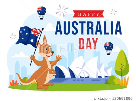 Happy Australia Day Vector Illustration Celebrating 26 January, Featuring a Map and a Waving Australian Flag in a Background for a National Holiday Happy Australia Day Vector Illustration Celebrating 26 January, Featuring a Map and a Waving Australian Flag in a Background for a National Holiday 120691896