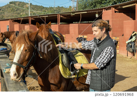 Portrait of experienced adult stables worker in plaid shirt standing close to saddled horse in countryside club 120691968