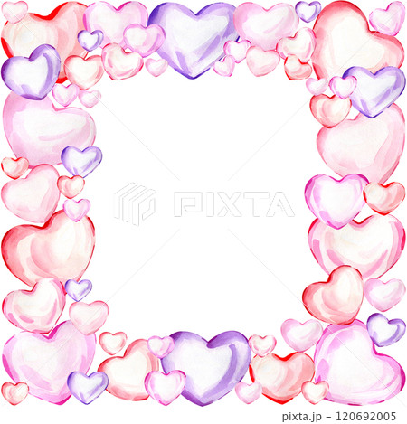 Watercolor hand drawn valentine's day frame of hearts. Valentine's wreath. Red, pink, violet heart. Square shape. Decoration for valentine card, wedding invitation Watercolor hand drawn valentine's day frame of hearts. Valentine's wreath. Red, pink, violet heart. Square shape. Decoration for valentine card, wedding invitation 120692005