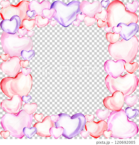 Watercolor hand drawn valentine's day frame of hearts. Valentine's wreath. Red, pink, violet heart. Square shape. Decoration for valentine card, wedding invitation Watercolor hand drawn valentine's day frame of hearts. Valentine's wreath. Red, pink, violet heart. Square shape. Decoration for valentine card, wedding invitation 120692005