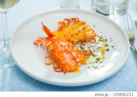Grilled cut shrimps 120692211