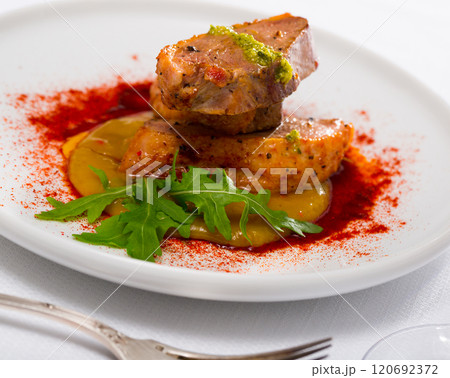 Duck fillet with sauce, pepper and greens 120692372