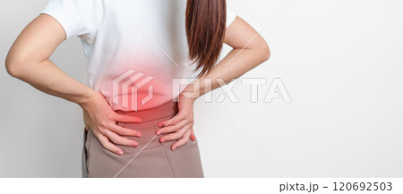 adult female with muscle pain on gray background. Elderly woman having back body ache due to Piriformis Syndrome, Low Back Pain and Spinal Compression. Office syndrome and medical concept 120692503