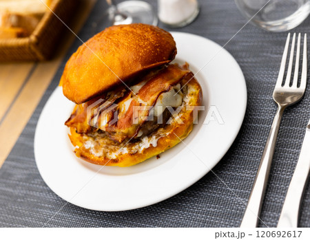 Tasty hamburger with cutlet, cheese and bacon close up Tasty hamburger with cutlet, cheese and bacon close up 120692617