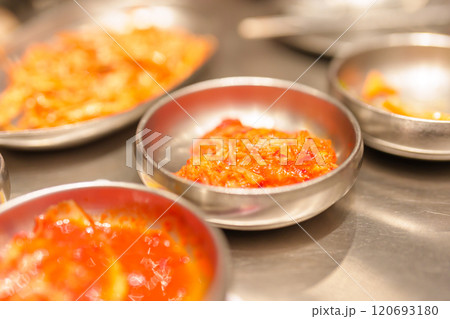 Kimchi cabbage in Korean restaurant, famous fermented food from Korea Kimchi cabbage in Korean restaurant, famous fermented food from Korea 120693180