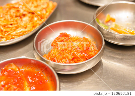 Kimchi cabbage in Korean restaurant, famous fermented food from Korea Kimchi cabbage in Korean restaurant, famous fermented food from Korea 120693181