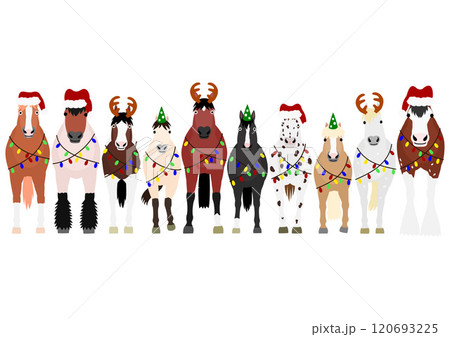 クリスマスのコスチュームをした馬たちのグループ クリスマスのコスチュームをした馬たちのグループ 120693225
