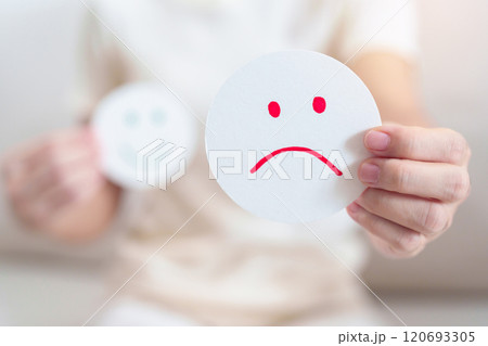 Woman show Unhappy Sad face paper, Mental health Assessment, Psychology, Health Wellness, Feedback, Customer Review, Experience, Satisfaction Survey, Negative Thinking and World Mental Health day 120693305