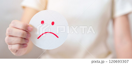 Woman show Unhappy Sad face paper, Mental health Assessment, Psychology, Health Wellness, Feedback, Customer Review, Experience, Satisfaction Survey, Negative Thinking and World Mental Health day 120693307