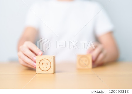 Woman show Unhappy Sad face block, Mental health Assessment, Psychology, Health Wellness, Feedback, Customer Review, Experience, Satisfaction Survey, Negative Thinking and World Mental Health day 120693318