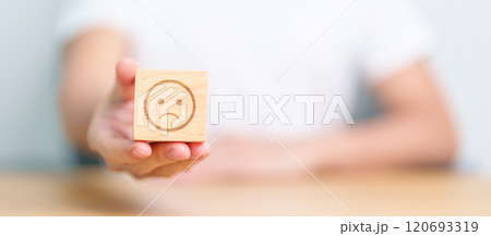 Woman show Unhappy Sad face block, Mental health Assessment, Psychology, Health Wellness, Feedback, Customer Review, Experience, Satisfaction Survey, Negative Thinking and World Mental Health day 120693319