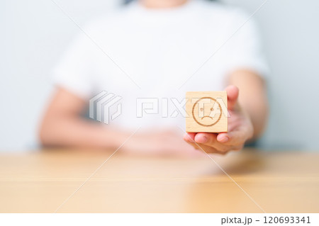 Woman show Unhappy Sad face block, Mental health Assessment, Psychology, Health Wellness, Feedback, Customer Review, Experience, Satisfaction Survey, Negative Thinking and World Mental Health day 120693341