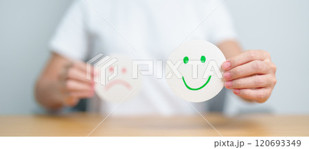 Woman show Happy Smile face paper, Mental health Assessment, Psychology, Health Wellness, Feedback, Customer Review, Experience, Satisfaction Survey, Positive Thinking and World Mental Health day 120693349