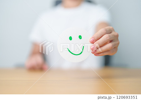Woman show Happy Smile face paper, Mental health Assessment, Psychology, Health Wellness, Feedback, Customer Review, Experience, Satisfaction Survey, Positive Thinking and World Mental Health day 120693351