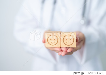 Doctor show Happy smile and Unhappy Sad face block, Mental health Assessment, Psychology, Health Wellness, Feedback, Customer Review, Experience, Satisfaction Survey, World Mental Health day concept 120693379
