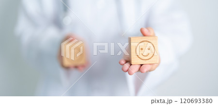 Doctor show Happy smile face block, Mental health Assessment, Psychology, Health Wellness, Positive Feedback, Customer Review, Good Experience, Satisfaction Survey, World Mental Health day concept 120693380