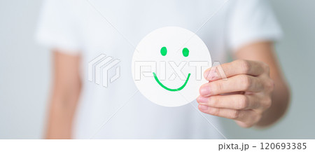 Woman show Happy Smile face paper, Mental health Assessment, Psychology, Health Wellness, Feedback, Customer Review, Experience, Satisfaction Survey, Positive Thinking and World Mental Health day 120693385