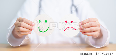 Doctor show Happy smile and Unhappy Sad face paper, Mental health Assessment, Psychology, Health Wellness, Feedback, Customer Review, Experience, Satisfaction Survey, World Mental Health day concept 120693447