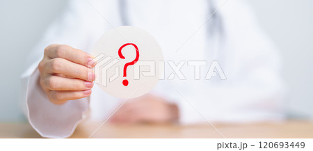 Doctor show Questions Mark ( ? ) on paper. FAQ, frequency asked questions, Answer, Information, Communication, Health, Diagnosis  and Medical concept 120693449