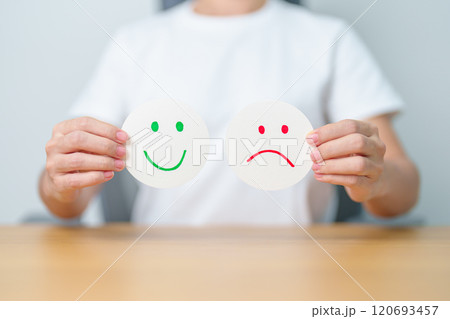 Woman show Emotion face paper, Mental health Assessment, Psychology, Health Wellness, Feedback, Customer Review, Experience, Satisfaction Survey, Opinion, Evaluation and World Mental Health day 120693457